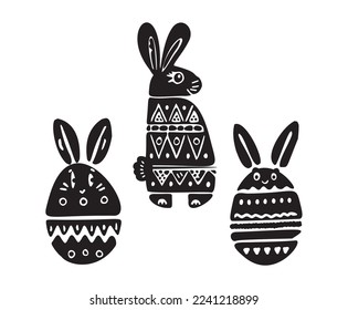 Easter bunny whimsical illustration set. Spring holiday pet bunny vector.
