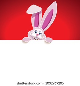 Easter Bunny with white blank signboard isolated on a red background.Empty signboard for your text.Vector illustration for holiday greeting.
