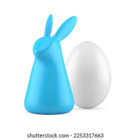 Easter bunny white chicken egg traditional holiday 3d icon decor element realistic vector illustration. Festive blue rabbit statuette bauble seasonal colored creative element decorative design