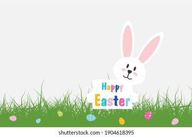 Easter Bunny. White Rabbit with Easter eggs and text on light background with grass. Vector illustration