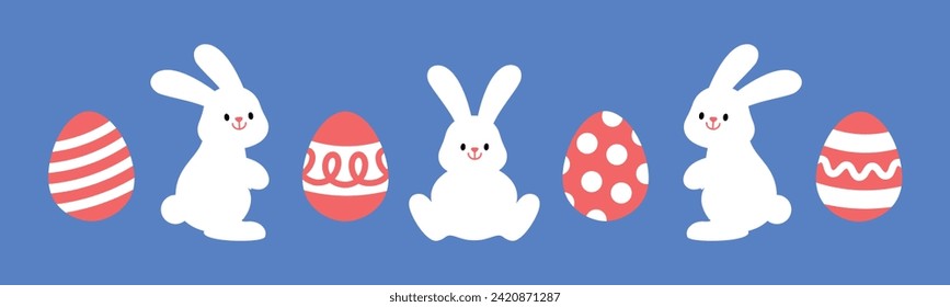 Easter bunny, white rabbit and eggs ornament isolated on background. Cute modern colorful cartoon. Minimal design elements for seasonal holiday decoration. Vector illustration.