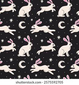 Easter bunny, white rabbit seamless vector pattern. Cute groovy funky cartoon illustration of hare with cute pink ears, bow on dark background with stars and moon