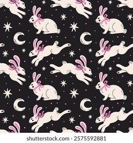 Easter bunny, white rabbit seamless vector pattern. Cute groovy funky cartoon illustration of hare with cute pink ears, bow on dark background with stars and moon