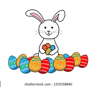 Easter Bunny White Rabbit surrounded by colorful Easter eggs
