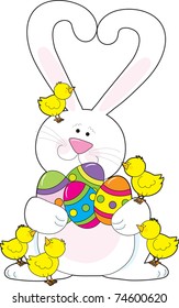 An Easter Bunny whose ears are in the shape of a heart is holding some painter easter eggs and is covered with little chicks