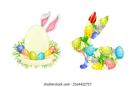 Easter bunny and wicker nest full of decorated colorful eggs cartoon vector illustration