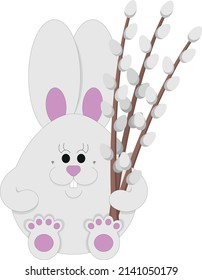 Easter bunny with willow branches, flat vector illustration