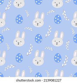 Easter bunny, willow, Easter eggs cute seamless pattern. Happy Easter bacground. Vector illustration for the design of fabric, gift paper, children s clothing, textiles, cards