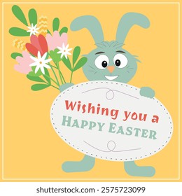 Easter Bunny Wishes Happy Easter, Card, Banner, With Bouquet Of Flowers