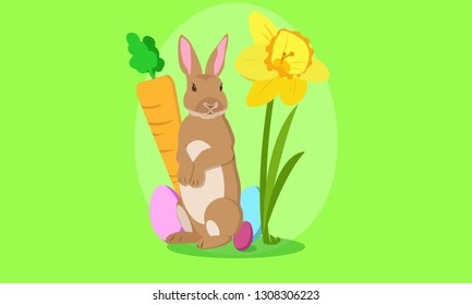 Easter bunny withc carrot and easter eggs