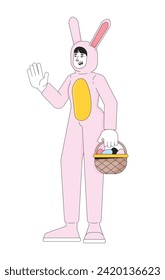 Easter bunny woman asian 2D linear cartoon character. Young adult female mascot rabbit isolated line vector person white background. Hare costume girl holding basket color flat spot illustration