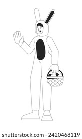 Easter bunny woman asian black and white 2D line cartoon character. Young female mascot rabbit isolated vector outline person. Hare costume girl holding basket monochromatic flat spot illustration