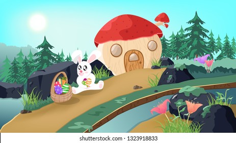 Easter, Bunny in wonderland, mushroom house fantasy story, cute rabbit holding egg in nature poster background, seasonal holiday vector illustration