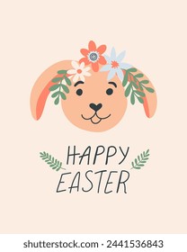 Conejito de Pascua con decoración de flores de guirnalda. Tarjeta de Pascua de primavera. Ilustración del vector lindo para el adviento, tarjeta de felicitación, banner, camiseta, impresión, decoración y más. 