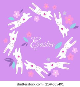 Easter bunny in a wreath of forget-me-nots pink background card frame