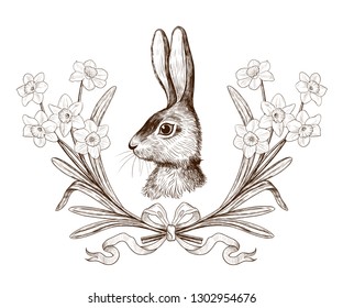 
Easter Bunny in a wreath of narcissus. Engraved design elements.Festive vintage image.Hand drawn vector illustration.