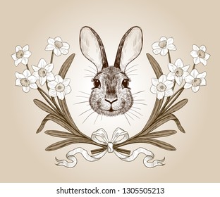
Easter Bunny in a wreath of narcissus. Engraved design elements. Festive vintage image.Hand drawn vector illustration.Color sketch.