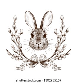 
Easter Bunny in a wreath of willow branches.Engraved design elements.Festive vintage image.Hand drawn vector illustration.
