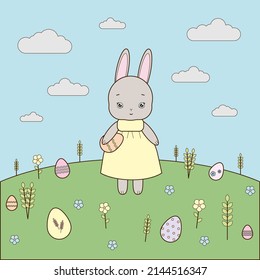 Easter bunny in a yellow dress in a clearing with flowers and eggs
