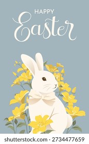 Easter Bunny With Yellow Spring Flowers Vertical Greeting Card Illustration in Soft Pastel Background for Celebration