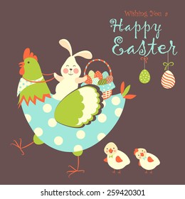 Easter Bunny,chicken And Easter Eggs. Vector Illustration