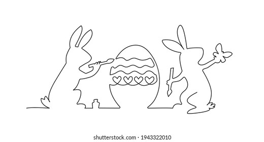 Easter bunny,egg and butterfly silhouette. Continuous black outline of two rabbit painting easter egg. Vector minimalistic line art illustration isolated on white background