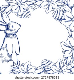 Easter bunny,eggs and tulips ink graphics banner template. Hand drawn engraved Happy Easter frame with cute bunny, eggs and flowers in retro line art style in blue monochrome for poster, card design.