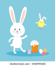 Easter bunny.Greeting card with rabbit,easter baked ,easter eggs and chicken in a hat with bunny ears .Set of cute characters isolated on blue background .Vector illustration.