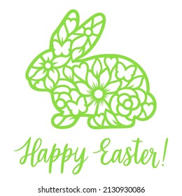 Easter Bunny.Happy Easter card. Floral vector hare. Rabbit silhouette. For paper,laser cutting, sublimation.Cute festive character with flowers. Holiday symbol. Isolated on white background.