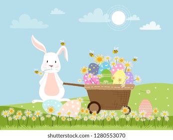 Easter bunny,Happy Easter greeting card with eggs and white rabbit with honey bees collecting pollen on flowers, Cute Vector cartoon bunny with Easter eggs on cart in sping field on sunny day, 