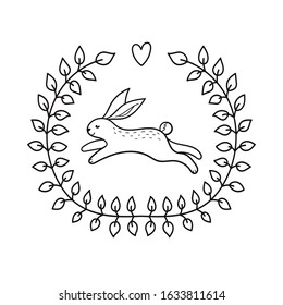 Easter bunny.Spring Doodle vector illustration.Isolate on a white background.happy Easter.Frame of twigs. Cute hand-drawn holiday illustration