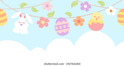 Easter bunting with painted eggs, rabbit and chicken