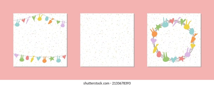 Blindaje de Pascua, fondo moteado y conjunto vectorial de la corona de Pascua. Ilustración de conejillos, zanahorias, huevos, estrellas y corazones para publicaciones en medios sociales con espacio para tu texto. Adecuado para tarjetas, f