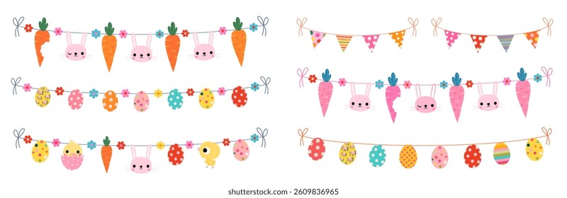 Easter buntings vector set with cute bunnies, eggs, chickens, flowers, spring flags for kids and baby graphic designs
