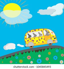 Easter bus with hares rides along the road
