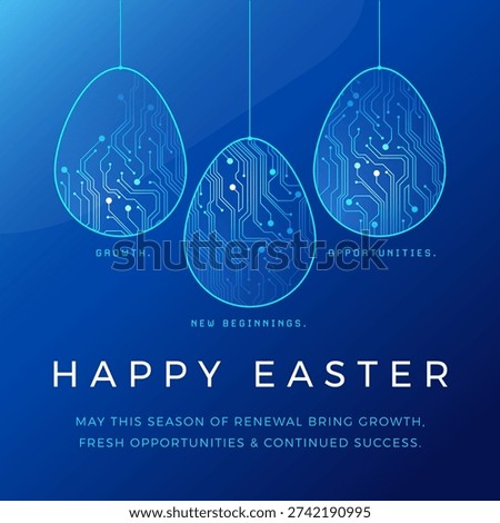 Easter business technology background with digital easter eggs and business wishes. Square banner template for corporate social media. Vector blue modern minimal background