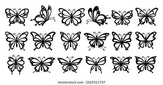 Easter butterfly clipart drawing outline set. Black butterflies clip art in hand drawn, cartoon and sketch symbol elements for unusual holiday logotype decoration. Vector illustration butterfly 