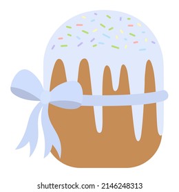 Easter cake. Baking is covered with blue icing. The bread is decorated with colorful sprinkling and a ribbon with a blue bow. Color vector illustration. Flat style. Happy Easter. Isolated background. 