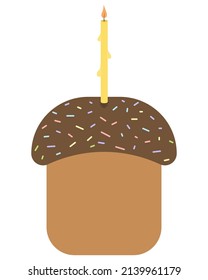 Easter cake. Baking covered with chocolate icing. The bread is decorated with colorful sprinkling in the form of sticks and a candle. Color vector illustration. Flat style. Bright Easter.