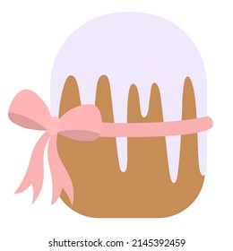 Easter cake. Baking is covered with purple icing. The bread is decorated with a ribbon with a pink bow. Color vector illustration. Flat style. Bright Easter. Isolated background. Idea for web design