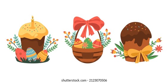 Easter cake, basket with eggs, icon set