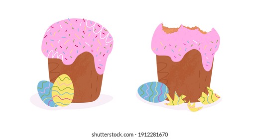 Easter cake before and after funny design. On the left festive pastry with decorated eggs, on the right with eaten icing top and the shell of the egg. Vector cartoon isolated illustration