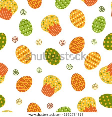 Easter cake and bright eggs seamless vector pattern. Beautiful cartoon illustration in flat style.