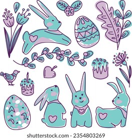 Easter cake, bunnies, eggs, flowers. Vector illustration.