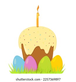 Easter cake with burning candle and colored eggs on the grass. Vector illustration.

