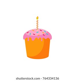 Easter cake with burning candle and pink color glaze, cartoon vector illustration isolated on white background. Easter cake with candle, decoration element