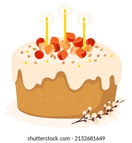 Easter cake with burning candles in the Christian tradition. Vector clipart.