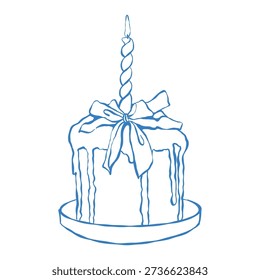 Easter cake with a candle and a bow on a white background. Festive treat. Easter decor. Vector outline illustration of an Easter cake. Clipart for spring holiday baking.