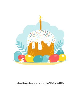 Easter cake with a candle and colored chicken eggs on a plate in flowers. Cute Vector illustration in a simple cartoon style.