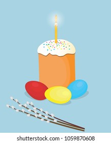  Easter cake with a candle, colored eggs and ivy branches. Vector illustration. 
